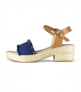 Sandalias vaqueras con tacón de yute y hebilla de cuero en colores rojo y marrón para mujer
