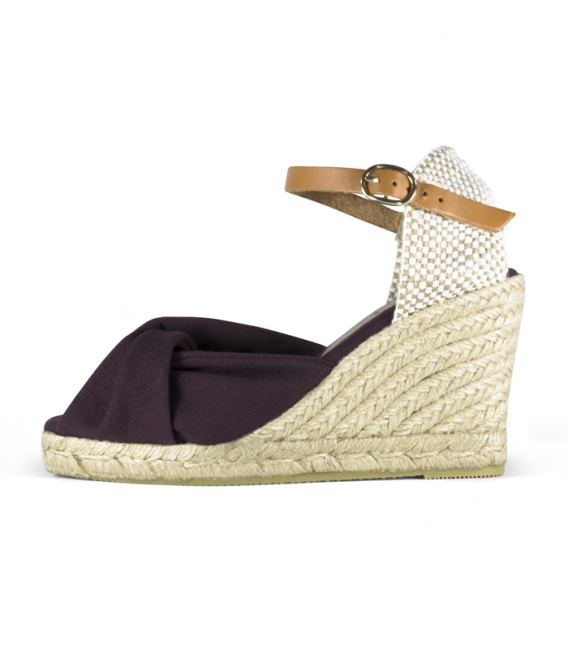 Alpargatas de cuña de yute y hebilla de cuero en color violeta y marrón para mujer
