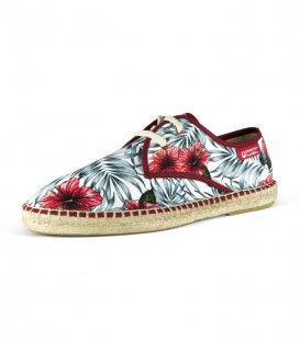Alpargatas de diseño estampadas con suela de yute y cordoneras para hombre en colores rojo, verde y blanco