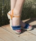 Edge heel jeans sandals with leather buckle in denim blue and brown for women