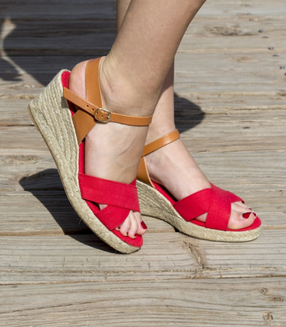 Leather wedge heel espadrilles sandals with for women in red and brown